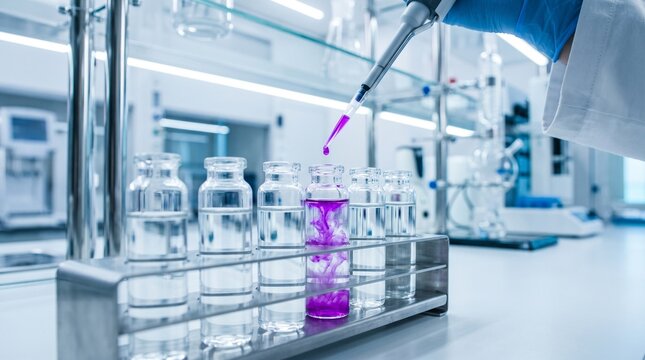 Scientist hand pipetting purple fluid into glass vials in research laboratory with sharp focus for pharmaceutical and biotech marketing