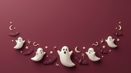Naklejka premium A creative halloween special background featuring cute white ghost figures arranged in a festive arch on a deep red surface