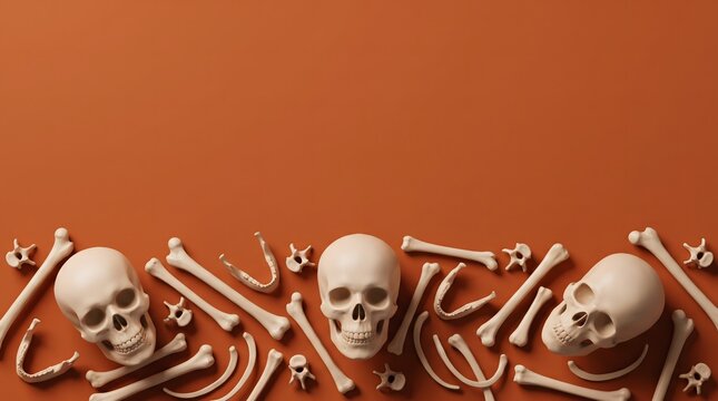 A creative halloween special background featuring human skulls and various bones arranged on a solid dark orange textured surface