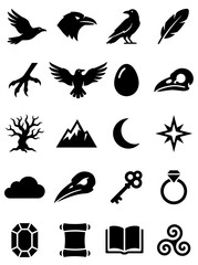 Fototapeta premium Gothic Raven and Mystical Magic Silhouette Icons Vector Set