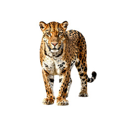 Obraz premium Front view of a majestic jaguar with spotted fur standing on a white background
