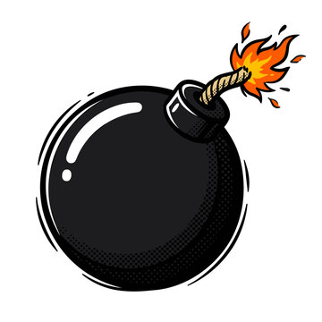 Cartoon bomb illustration featuring burning fuse and smoke explosion in flat vector design