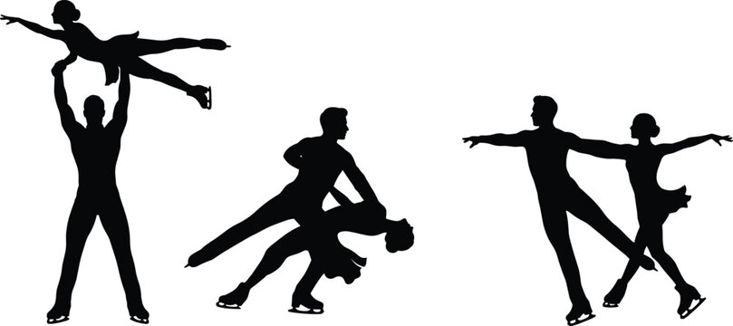 Pairs figure skating vector silhouettes pack featuring professional athletes executing dynamic lifts spins and ice dancing poses isolated on white background