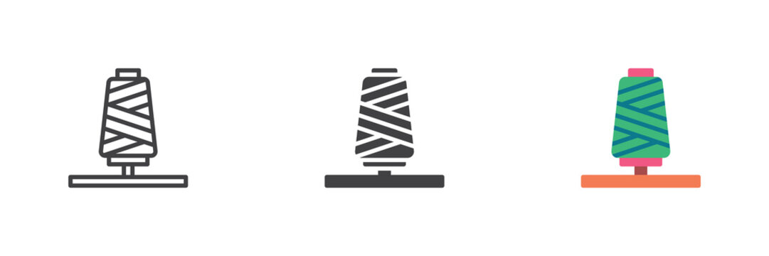 Thread spool on stand icon in line, solid, flat colorful color vector sign symbol. Thread spool icon set pack shows sewing bobbin for tailor craft.