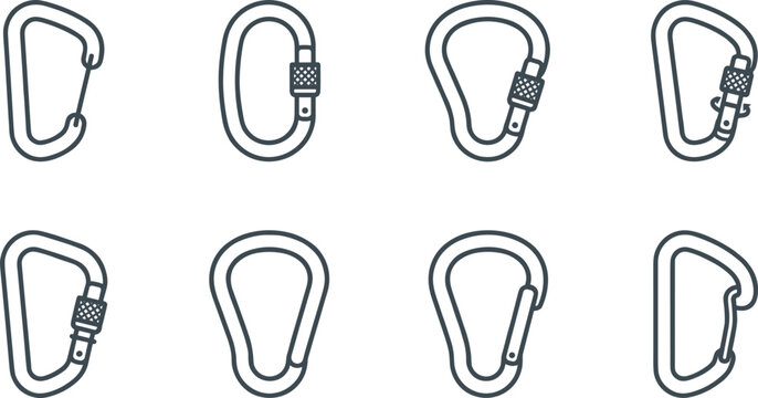 Climbing Carabiner Outline Icon Set with Different Locking Mechanisms for Rock Climbing Mountaineering Outdoor Adventure and Industrial Safety Vector Graphic Designs