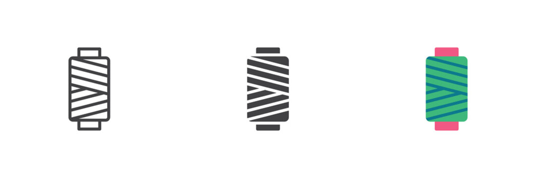 Sewing thread spool icon in line, solid, flat colorful color vector sign symbol. Sewing thread spool icon set pack shows craft reel and textile tool.