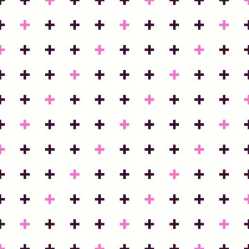 A seamless grid pattern of small dark purple and light pink plus sign symbols on a white background