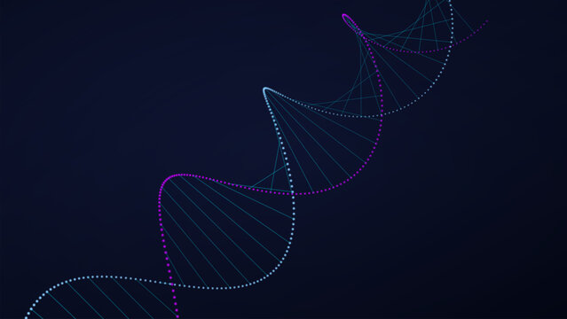 Abstract dna double helix strand glowing with purple and light blue dots on a dark field
