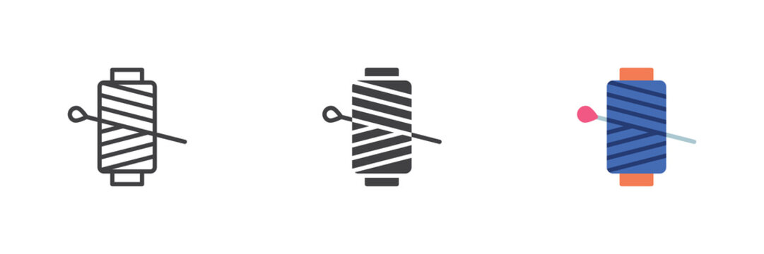 Sewing needle with thread spool icon in line, solid, flat colorful color vector sign symbol. Needle spool icon set pack shows stitching tool.