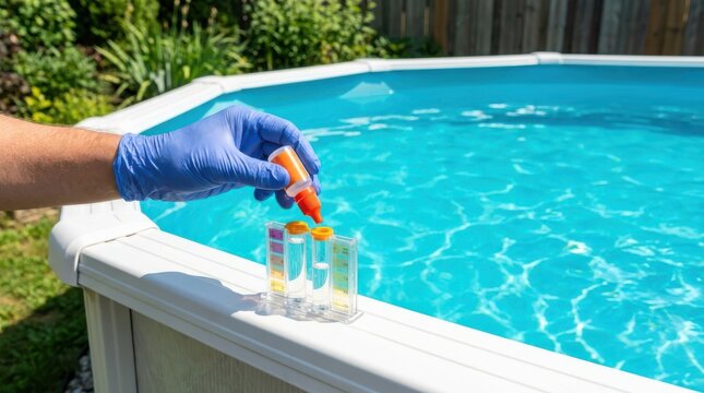 Hand adding liquid to pool water test kit measuring chemical balance for backyard swimming pool maintenance.