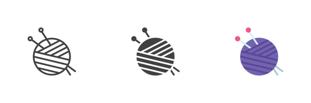 Yarn ball with two needles icon in line, solid, flat colorful color vector sign symbol. Yarn needles icon set pack shows knitting and sewing craft.