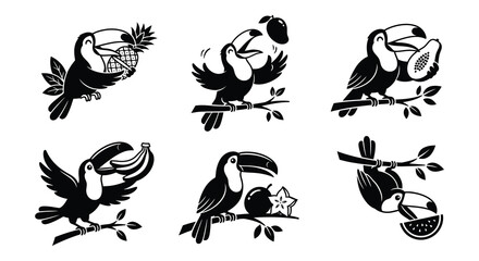 Naklejka premium Toucan silhouettes with tropical fruits on a white background