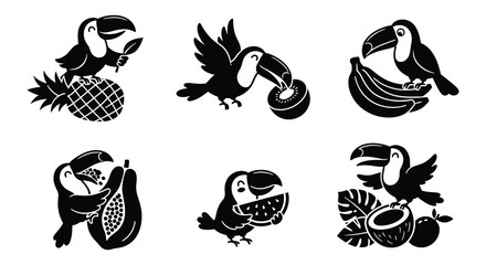 Naklejka premium Toucan silhouettes with tropical fruits on a white background