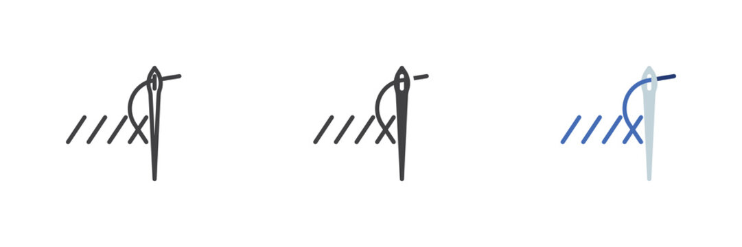 Cross stitch needlework icon in line, solid, flat colorful color vector sign symbol. Cross stitch icon set pack shows needle, thread and fabric marks.
