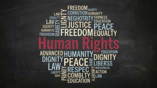 Human rights word cloud on blackboard with words like freedom justice and peace.
