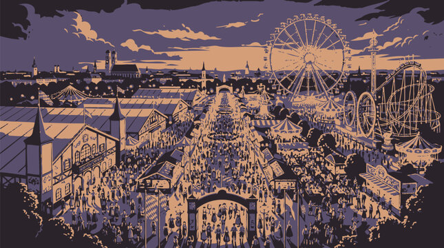 Crowded festival scene with amusement rides at dusk