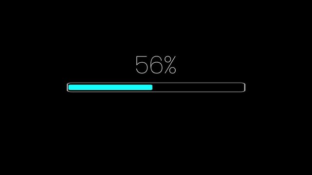 Digital progress loading bar 0 to 100 percent on black background, minimal loading bar graphic element visual for technology interface display, abstract loading icon animation.4k video