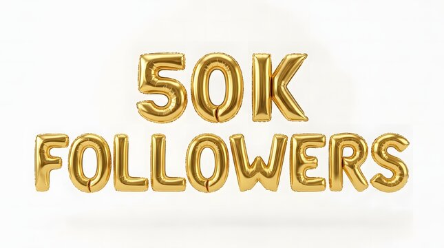 Golden foil balloons spelling fifty thousand followers with a white reflective surface