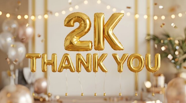 Golden balloons spelling 2k and thank you against a blurred celebratory background