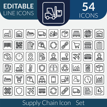 Collection of fifty four black and white line icons representing various industries