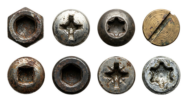 Various metal screw heads and bolts top view collection as PNG element
