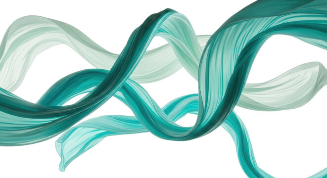 Lightweight teal and turquoise fabric swirls gracefully in fluid motion on a transparent studio background with soft high-key lighting. Concept of digital fluidity and innovation