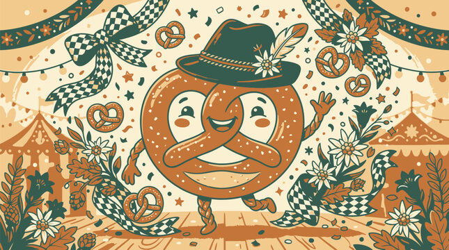 Cheerful anthropomorphic pretzel character dancing in festive outdoor