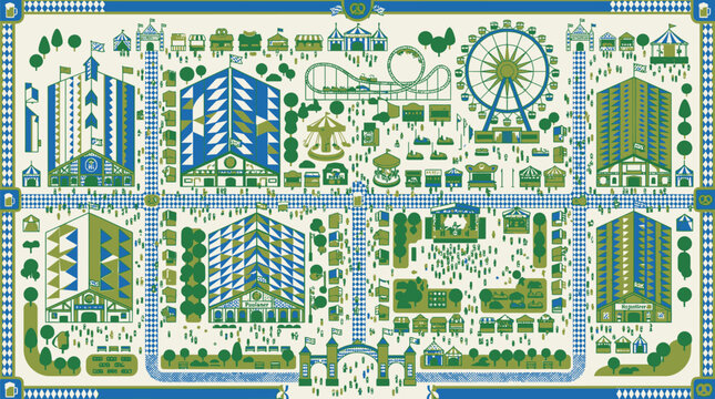 Colorful illustrated map of festival amusement park with rides