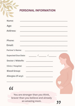 Dusty Rose Expecting Mom Personal Information Sheet - Prenatal Intake Form with Due Date Doctor Midwife Hospital Details and Motivational Quote A4 Printable Vector