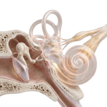 Otolaryngology medical concept, realistic detailed eardrum ossicles and bone structure diagram.