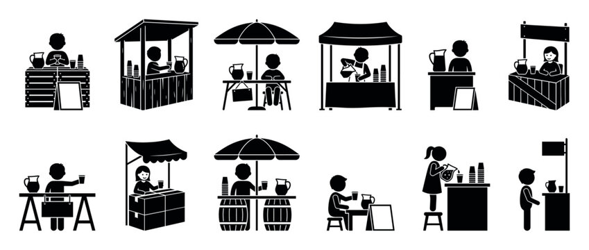 Collection of black silhouette icons depicting children selling lemonade from various stands, booths, and tables in a simple pictogram style for business concepts
