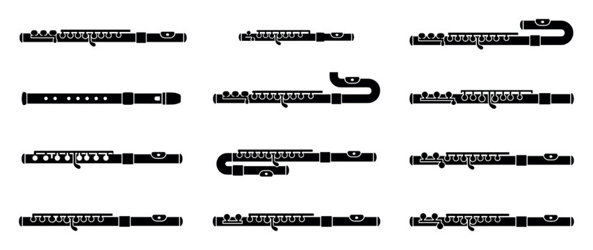 Collection of black flute silhouettes in various designs, including concert, alto, and bass models, presented as a minimalist icon set for musical or orchestral concepts