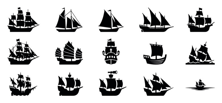 Collection of black historical ship silhouettes featuring various sailing vessels like galleons, schooners, and junk ships, presented as a set of graphic design element icons