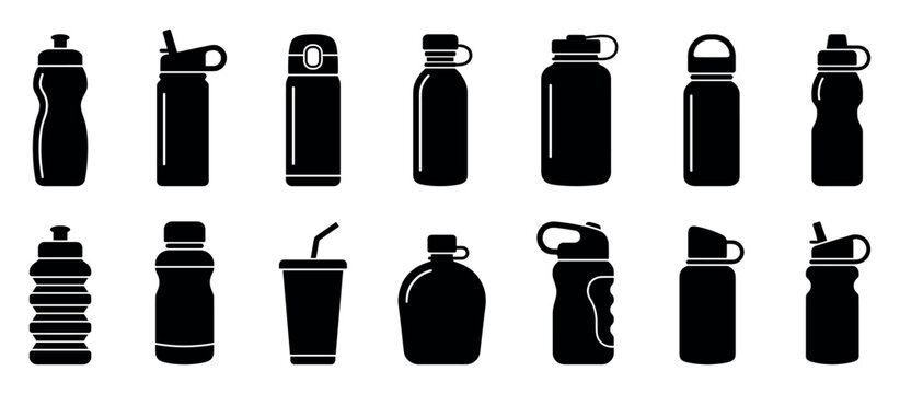 Collection of black silhouette water bottles and reusable drink containers in various shapes and sizes, including sports flasks, tumblers with straws, and thermal mugs for hydration