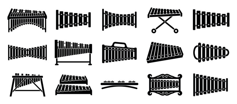 Set of black xylophone and marimba icons featuring various designs of percussion instruments in a simple, minimalist silhouette style for graphic and musical concepts