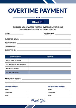 Navy Blue Corporate Overtime Payment Acknowledgment Receipt - Employee Payroll OT Hours Tracking Form A4 Printable Illustration