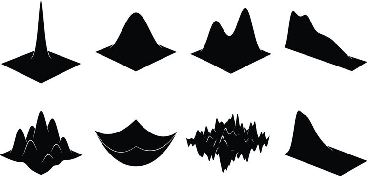 Vector Set of 3D Mathematical Surface Plots Showing Peaks Valleys Curves and Statistical Functions
