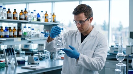 Fototapeta premium Scientist in Laboratory Analyzing Sample in Glass Flask with Focus