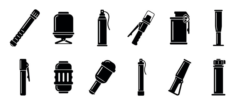 Tear gas grenade and riot control equipment icons in a simple black glyph style, a collection of non-lethal weapons like smoke bombs, flashbangs, and police batons
