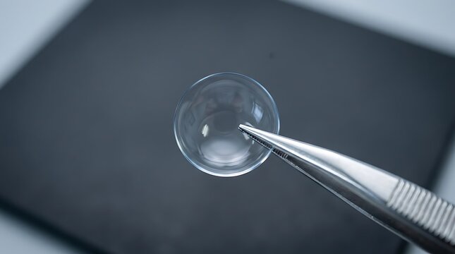 Clear scleral lens held by tweezers for keratoconus awareness