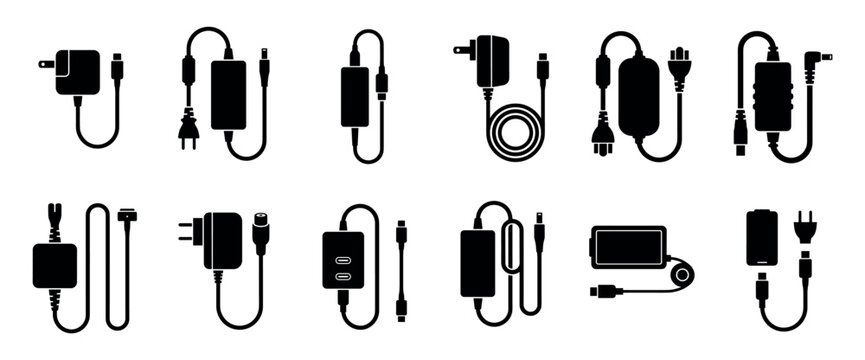 Collection of various electronic charger silhouettes and power adapter icons for different devices, showing multiple plug and connector types in a simple black graphic style