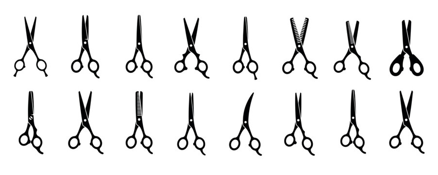 Large collection of black hairdressing scissors silhouettes showing various professional barber and salon tools, including thinning shears and cutting scissors for a stylish haircut