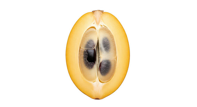 Fresh cut half yellow sapodilla fruit showing black seeds and creamy pulp.
