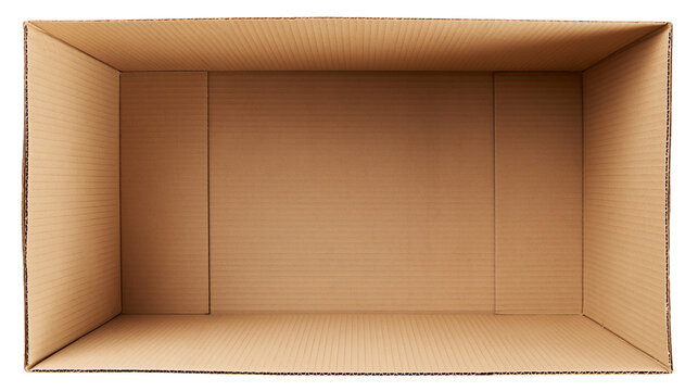 Empty brown corrugated cardboard box interior, isolated on transparent background