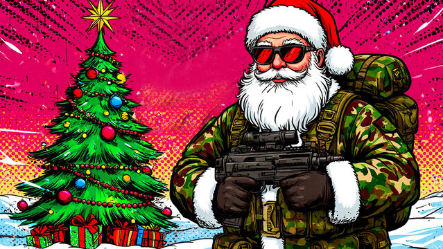 Santa in camouflage, the New Year "2027," and a Christmas tree. A bright, psychedelic comic-style poster.
