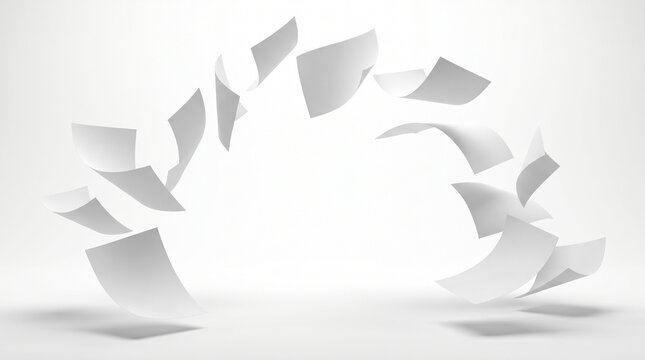 White Blank Flying Papers Forming Arch Dynamic Motion Concept Isolated on Bright Background