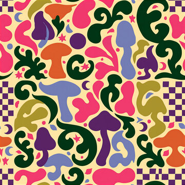 Funky maximalist seamless pattern with colorful organic shapes and forms