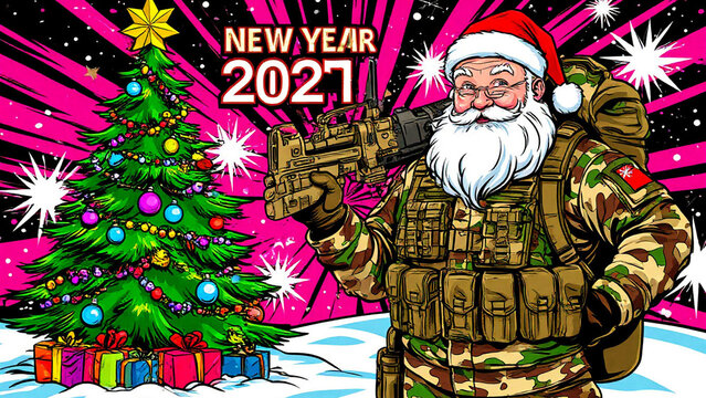 Santa in camouflage, the New Year "2027," and a Christmas tree. A bright, psychedelic comic-style poster.