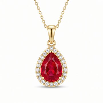 Gold Necklace with Ruby Pendant, Elegant and Luxurious, Sparkling Red and Gold in Bright Studio Light, Pear-Shaped Faceted Gemstone for Jewelry Display.