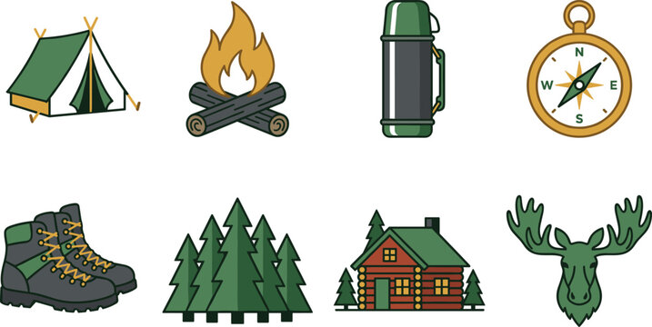 Outdoor adventure and camping vector icon set featuring a tent, campfire, hiking boots, cabin, and moose.